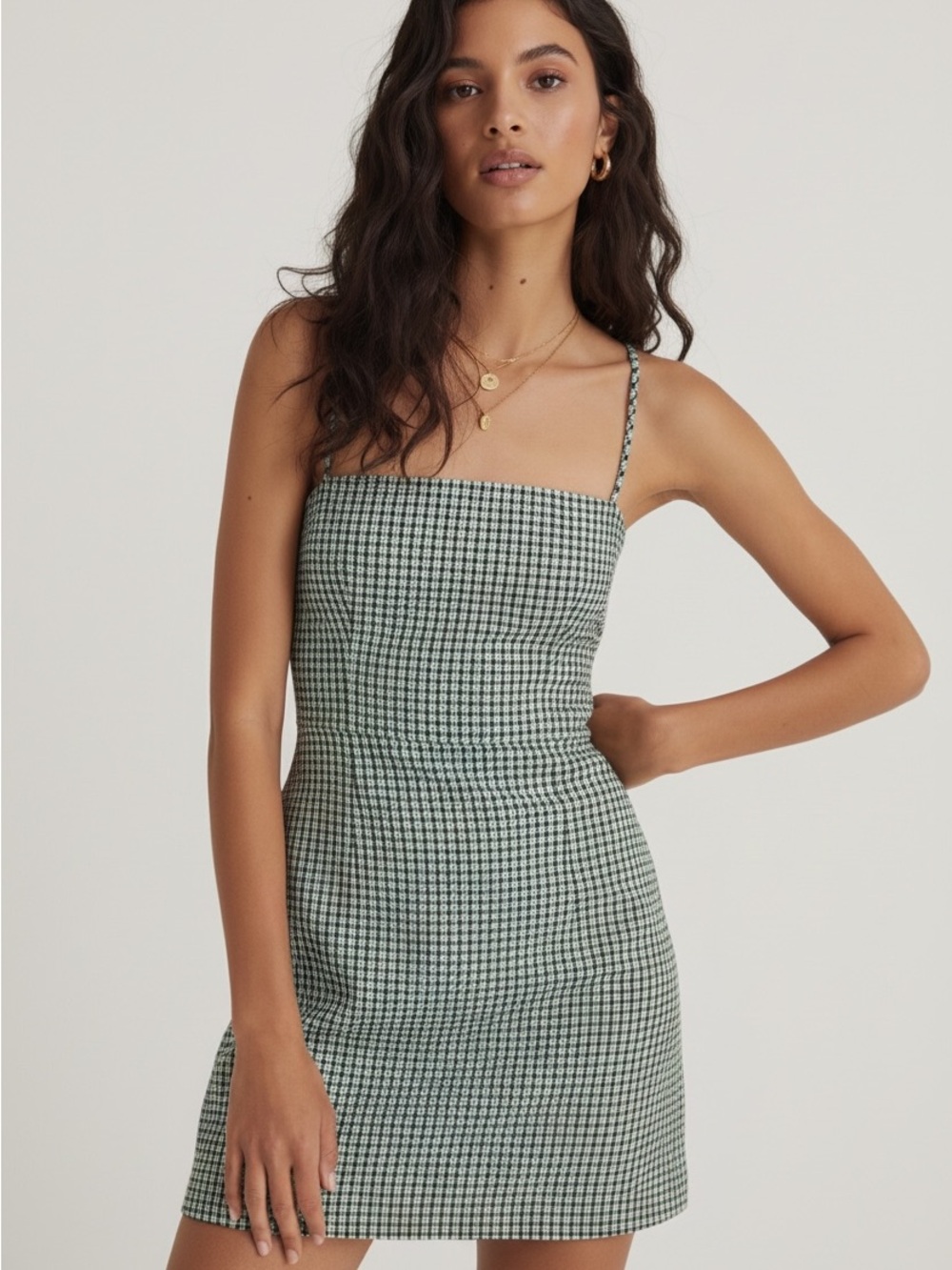 Wilfred Isabelle Green Gingham Plaid Square Neck Classic Mini Dress Sleeveless